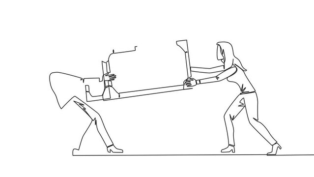 Animated self drawing of single line drawing two egoistic businesswoman fighting over treasure chest. Feel most entitled to the discovery of treasure. Full length single line animation