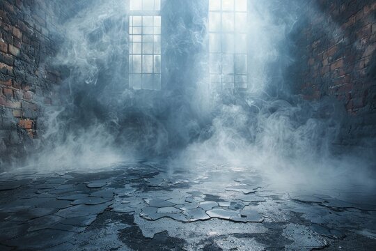 An evocative image showing a room filled with mist, featuring brick walls and glowing windows