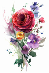 Watercolor flower red rose, ranunculus, viola. Splash color background, vector art, illustration