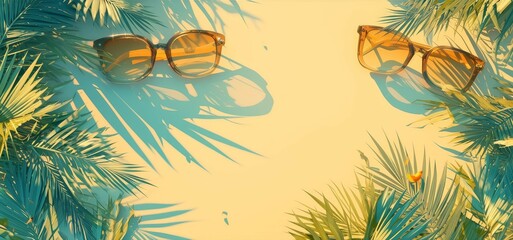 illustration of sunglasses with tropical leaves on a yellow and green background, banner template for a summer vacation concept.