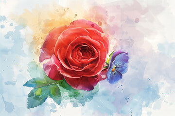 Watercolor flower red rose and viola. Splash color background, vector art, illustration