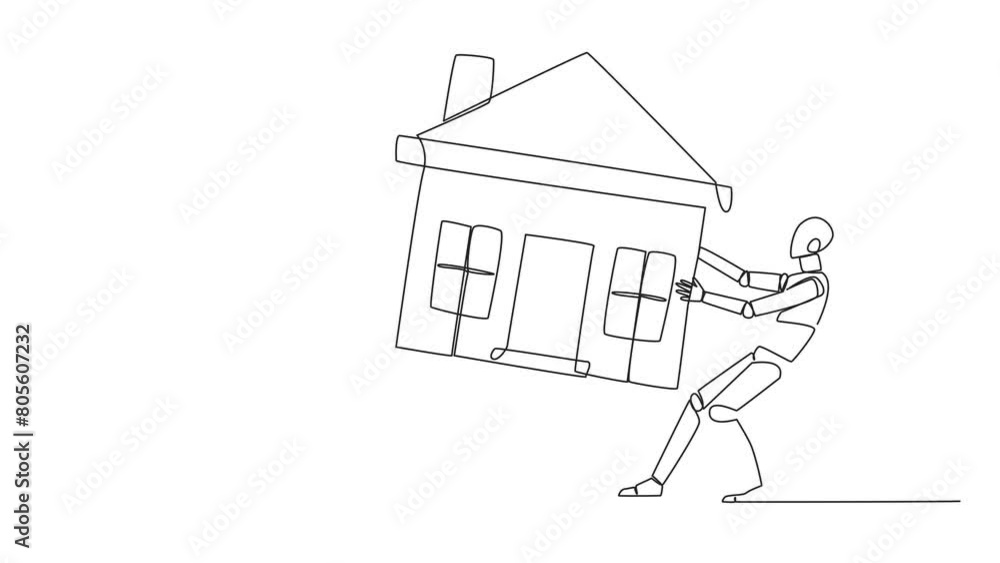 Poster self drawing animation of continuous one line drawing two emotional robot fighting over miniature ho