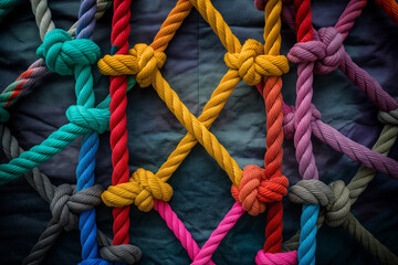 rope with knot, At the heart of the composition, a network of ropes symbolizes the diversity of the team