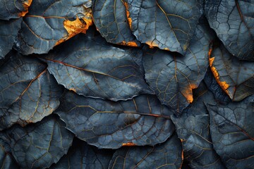 This image shows the intricate details and textures of blue autumn leaves, bringing out its natural beauty