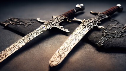 Small battle sword with medieval engravings, realistic appearance, stage lighting, highly detailed