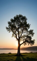 professional photograph of single tree in sunset