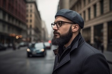 Fototapeta premium A man with a beard and glasses is standing on a city street