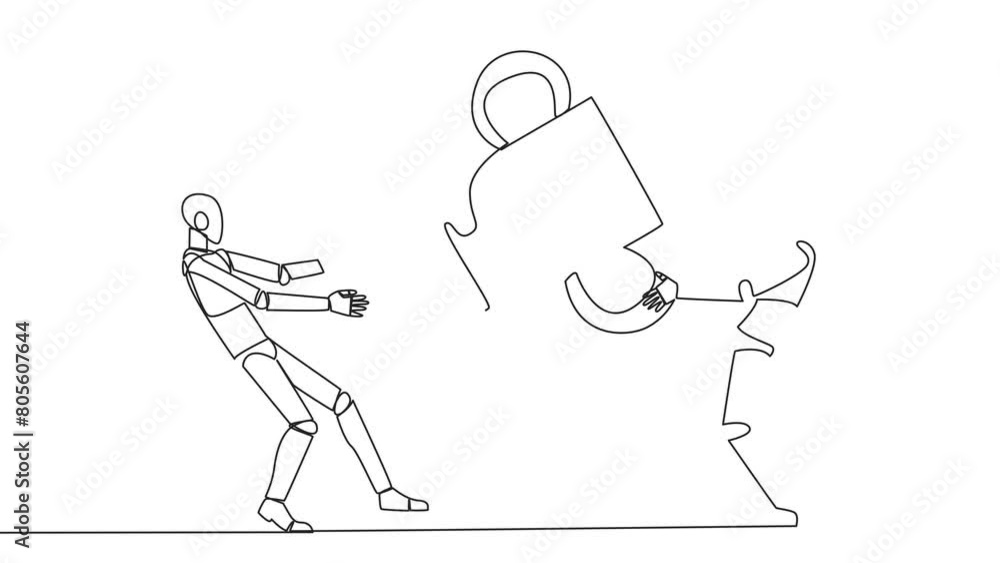 Poster self drawing animation of one line drawing two angry robot fighting over trophy. there are no co-cha