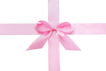 Pink satin ribbon with bow on white background, top view