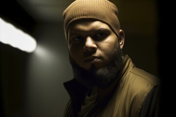 Obraz premium A man with a beard and a brown hat is standing in a dark room