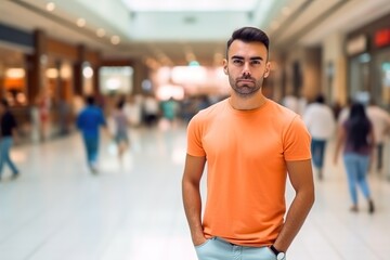 A man in an orange shirt stands in a mall with people walking around him