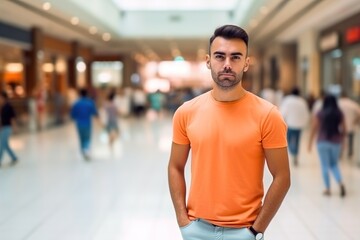 Fototapeta premium A man in an orange shirt stands in a mall with people walking around him