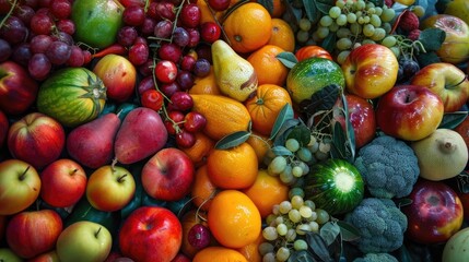 A vibrant mix of fruits and vegetables piled together in the produce section
