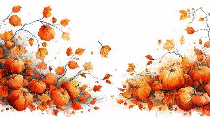 Naklejka premium Two Paintings of Pumpkins and Leaves on a White Background