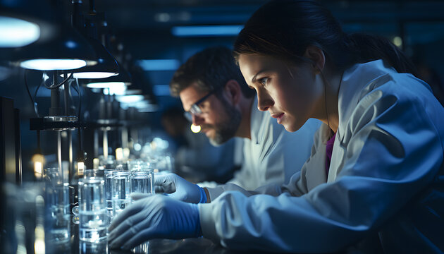 Health care researchers working in life science laboratory. Young female research scientist and senior male supervisor preparing and analysing microscope slides in research lab.