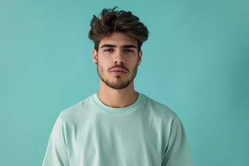 Obraz premium A man with a beard and a green shirt is standing in front of a blue wall