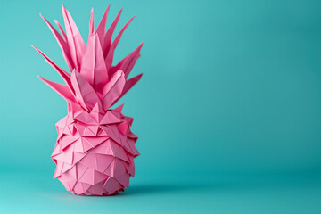 Voluminous origami-style paper pineapple on a turquoise background. Background for summer advertisement with space for text.