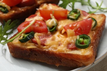 Tasty pizza toast and fresh arugula on plate, closeup