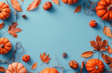 Blue Background With Orange Pumpkins and Leaves