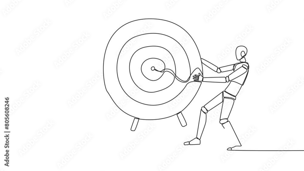 Poster animation of single one line drawing two angry robot fighting over arrow target board. fighting for 
