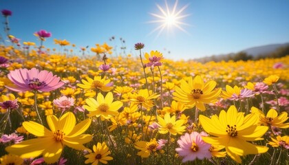 A blanket of colorful wildflowers, primarily yellows and pinks, under a clear blue sky