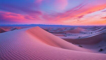 A calm desert scene with rolling sand dunes under a twilight sky, soft gradients from purple