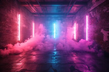 Dramatic neon lights pierce through a thick, atmospheric fog within a gritty brick interior space