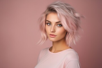 A woman with pink hair is standing in front of a pink background