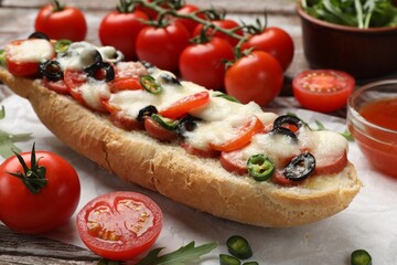 Tasty pizza toast and ingredients on wooden table, closeup