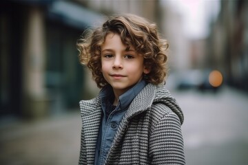 Fototapeta premium A young boy with curly hair is standing on a sidewalk in front of a building