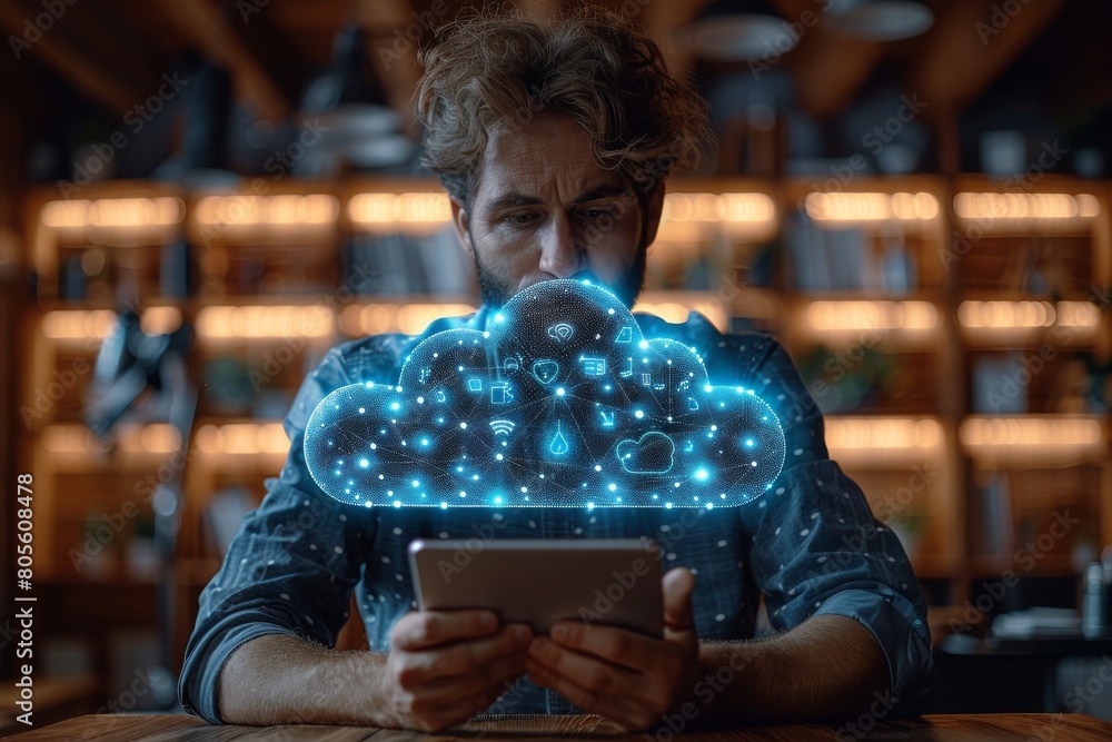 Poster an unseen person with a glowing cloud icon on a digital tablet symbolizes cloud computing and data