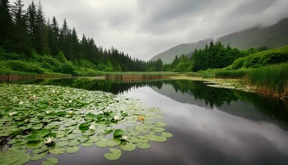 A smooth reflective pond with lily pads, surrounded by greenery, under a soft gray overcast