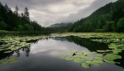 Fototapeta premium A smooth reflective pond with lily pads, surrounded by greenery, under a soft gray overcast