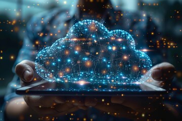 Hands present a tablet that displays a holographic cloud network symbolizing connectivity and data sharing