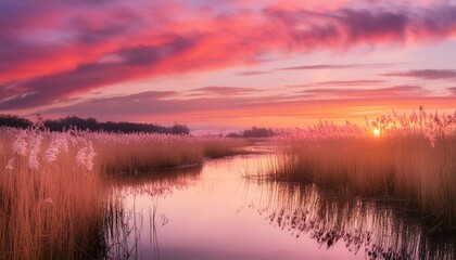 A tranquil marshland, tall reeds and clear water, with a sunset sky in soft oranges and pink