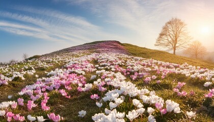 Fototapeta premium A soft rolling hill covered in spring flowers, predominantly soft pinks and whites