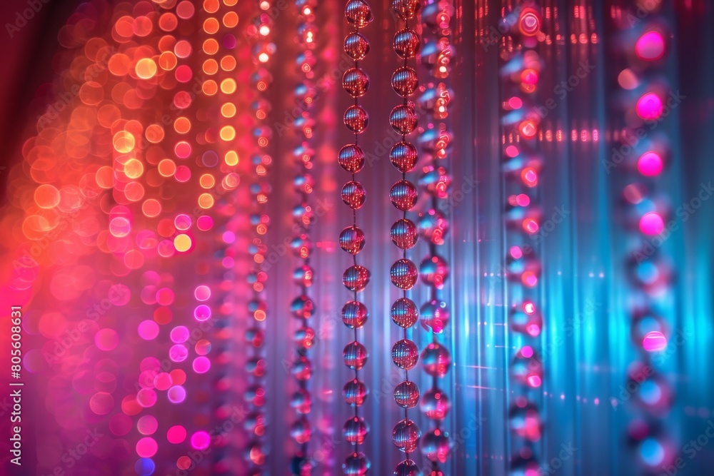 Poster a striking image showcasing a curtain of crystal beads with a brilliant array of red and yellow boke