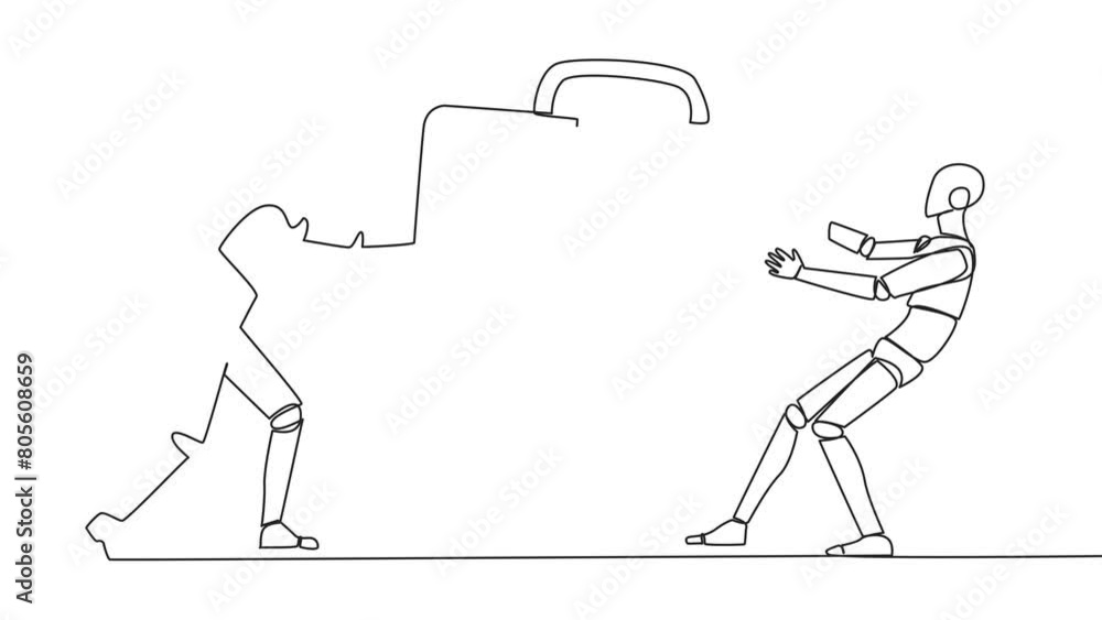 Poster animation of continuous one line drawing two aggressive robot fighting over the briefcase. fight ove