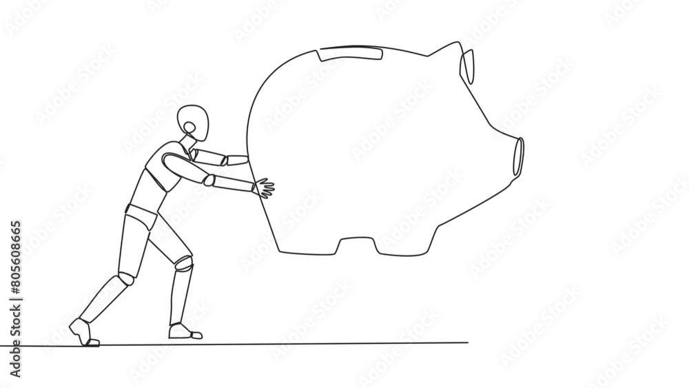 Poster self drawing animation of single continuous line drawing two selfish robot fighting over big piggy b