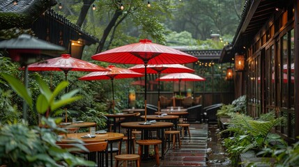 Obraz premium Bustling Restaurant With Tables and Chairs