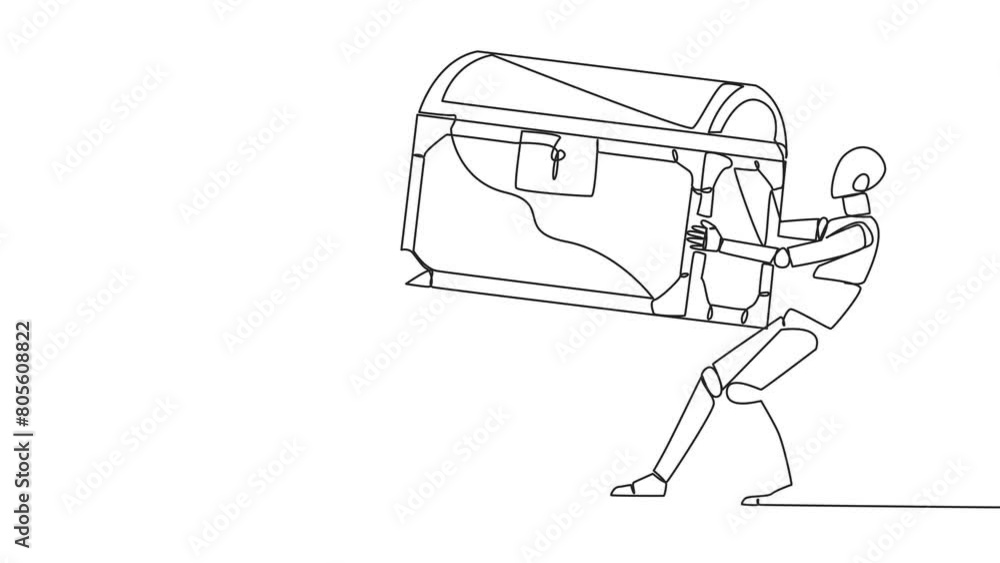 Poster animation of single continuous line drawing two egoistic robot fighting over the treasure chest. fee
