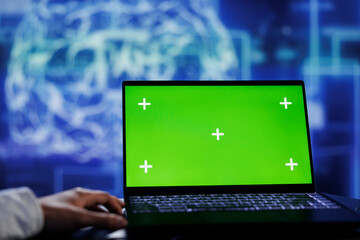 Admin using green screen device for artificial intelligence computing simulating human brain...