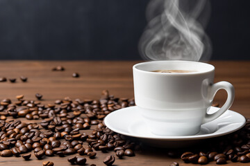 A cup of hot coffee on the table, on a dark background