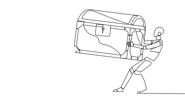 Animation of single continuous line drawing two egoistic robot fighting over the treasure chest. Feel most entitled to the discovery of treasure. Rivalry and competition. Tech. Full length motion