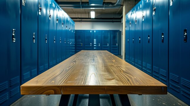 Wooden table in the middle of blue lockers in an industrial gym, front view, white background, in the style of professional photography.