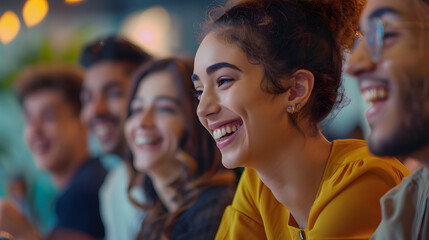 Fototapeta premium Happy young office colleagues collaborating and smiling in a casual meeting, setting business goals and team building