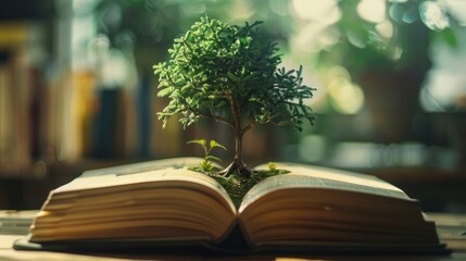 A tree is growing out of an open book