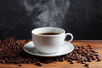 A cup of hot coffee on the table, on a dark background