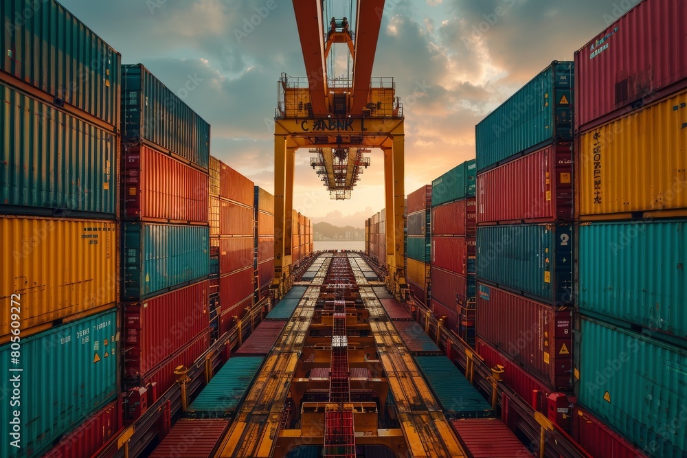 Poster a breathtaking sunset view of a container freight station with stacks of shipping containers and tow