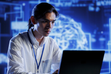 Certified engineer in data center uses artificial intelligence computing simulating human brain...